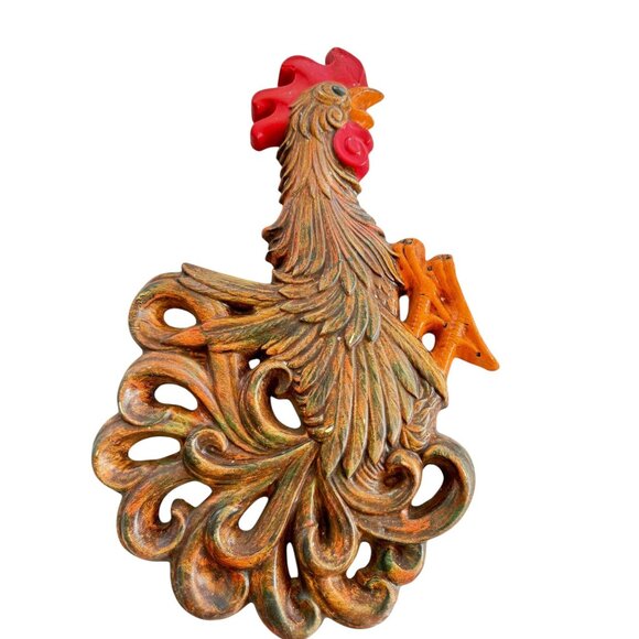 Mid Century Chalkware Rooster Shaped Wall Decor With Intricate Carvings And Vivi - Picture 2 of 5